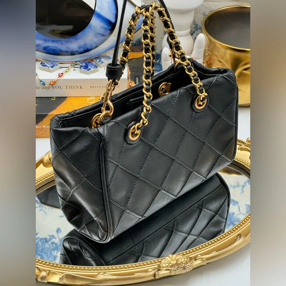 🆕 TORY BURCH 🧿 NWT Mini Fleming Soft Chain Tote - Black Leather -AUTHENTICATED